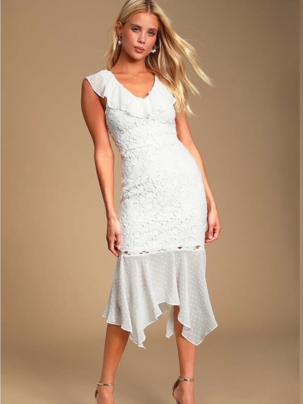 Lulus |Dagny White Lace Swiss Dot Ruffled
Midi Dress S NWT